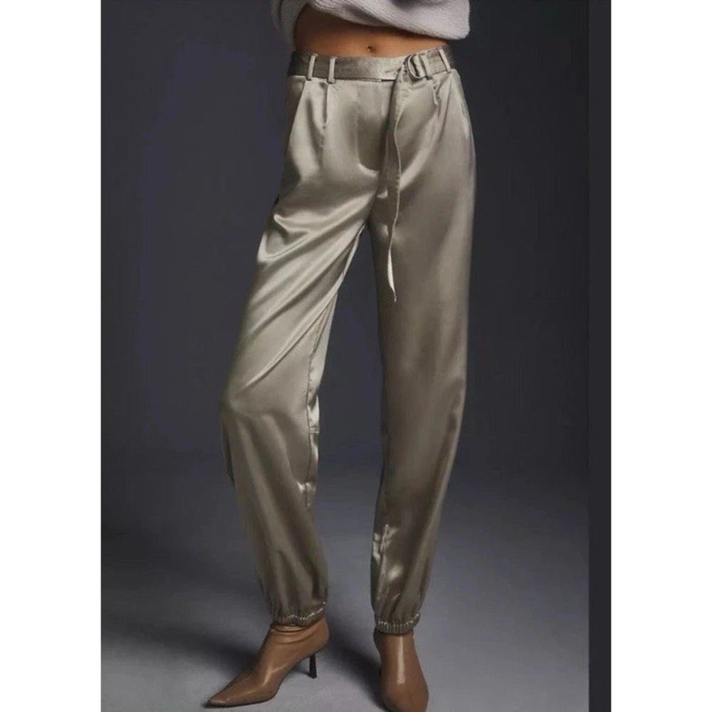 Anthropologie Satin Jogger Pants in Light Olive